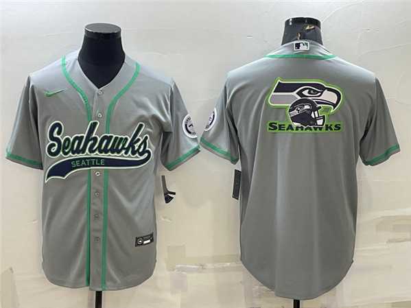 Men%27s Seattle Seahawks Gray Team Big Logo With Patch Cool Base Stitched Baseball Jersey->san francisco 49ers->NFL Jersey